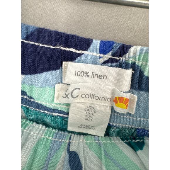 CC California Pants Womens Large Blue Floral Linen Wide Leg High Rise Pockets - Picture 2 of 7